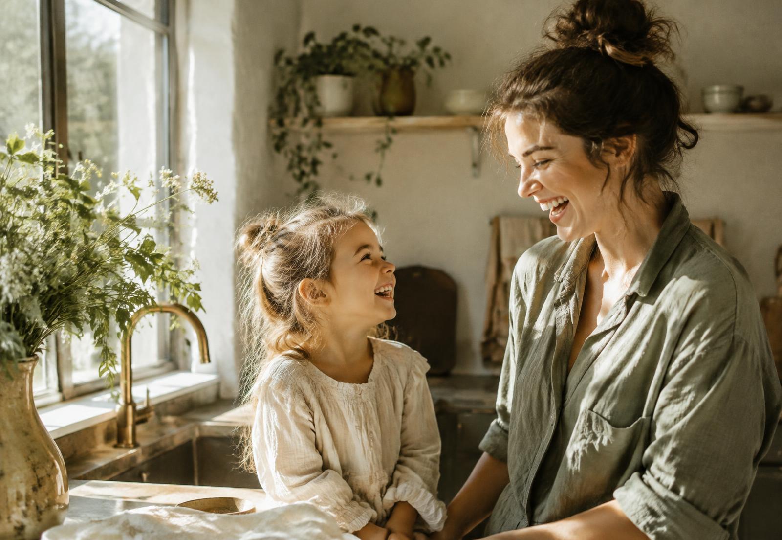 A mother and daughter laughing together in a sunlit kitchen