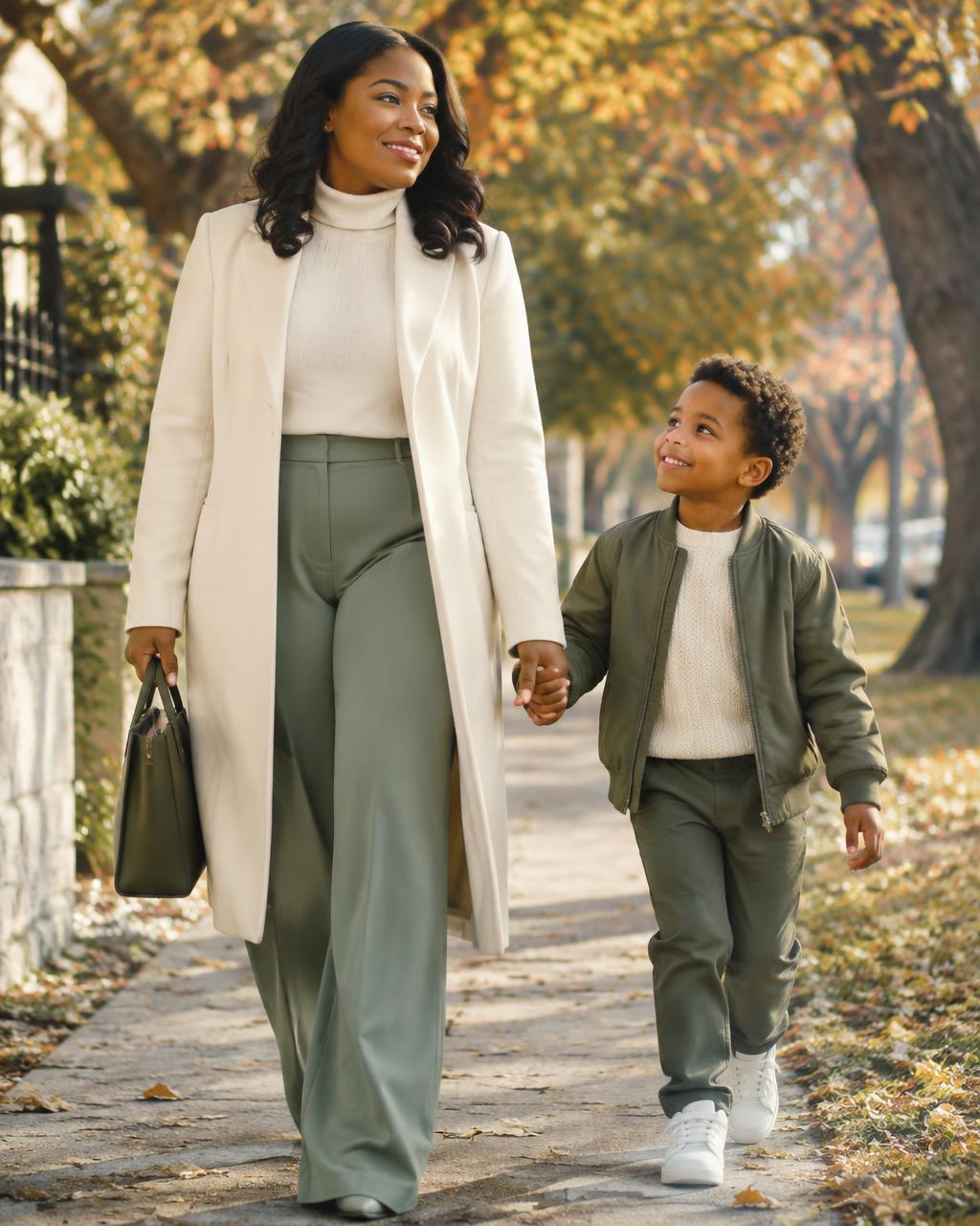 A mother and her son walking hand in hand along an autumn street