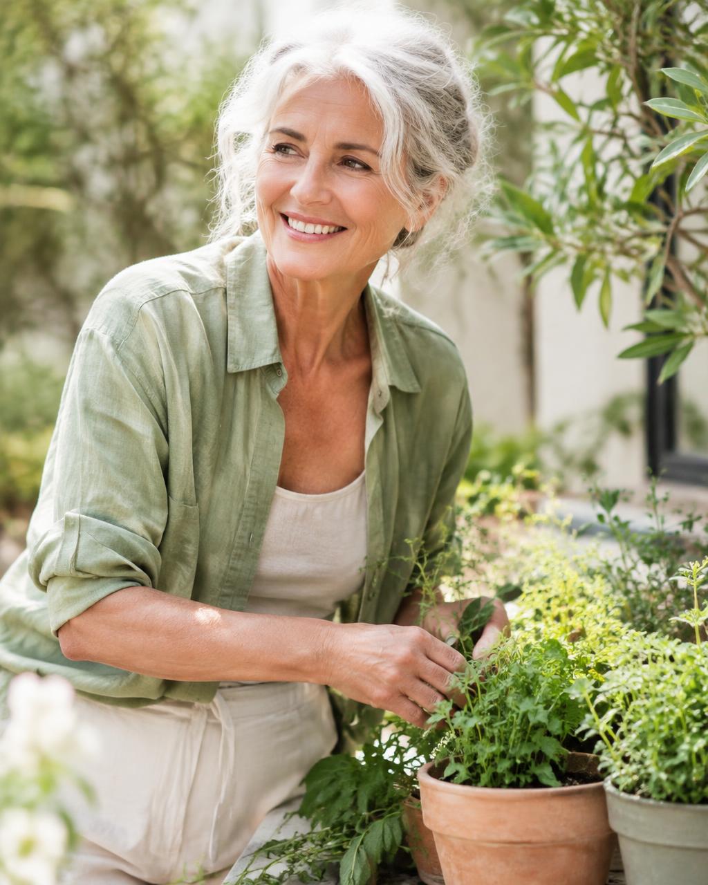 A smiling senior woman tending potted herbs in her garden